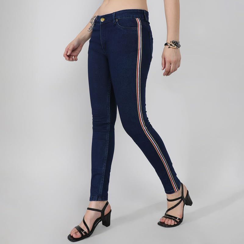 Image of PINACOLADA Women's Side-Striped Denim Jeans for Casual Wear | Light-Wash | Regular Fit | Button Closure | Cotton Denim Jeans Crafted with Comfort Fit for Everyday Wear