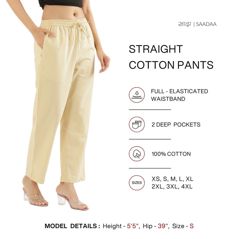 Image of SAADAA Cotton Straight Pants for Women | Breathable Everyday Wear Trousers | Drawstring, Deep Pockets & Elastic Waistband | Casual & Comfortable Fit