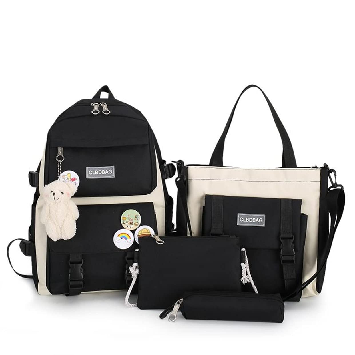 4pcs School Bags Set Kawaii Backpacks for Teen Girls School Backpack School Aesthetic Backpack with Accessories, Black, Large