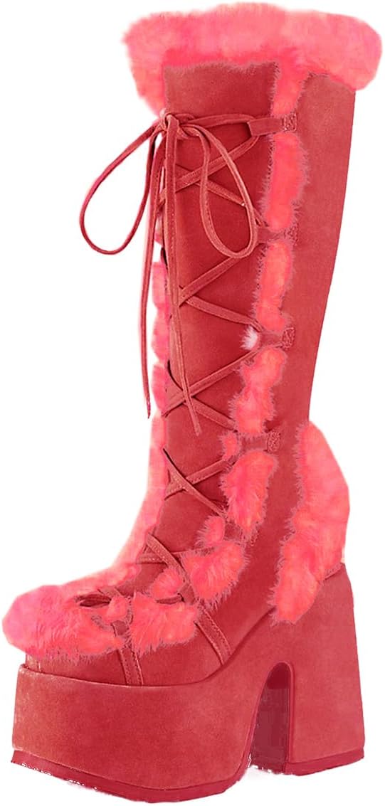 KISTANIA Women's Knee High Platform Boots Chunky Heel Lace-Up Faux Fur Furry Platform Boots