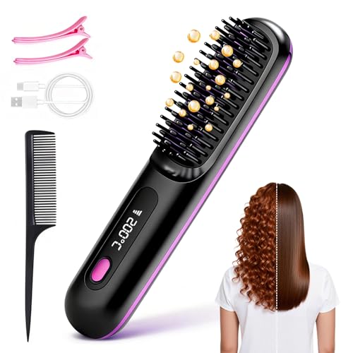 Image of Go Brush Pro Cordless Hair Straightener Brush, Portable Straightener Brushs for Travel, Fast Heating Cordless Mini Hair Brushs with LED Display, 3 Adjustable Temperatures for All Hair Types, Black