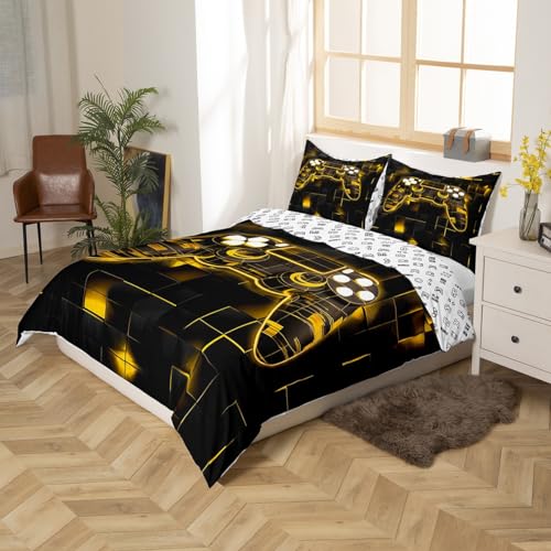 Couvre lit carré géométrique et housse de couette gamer 240x260 jaune