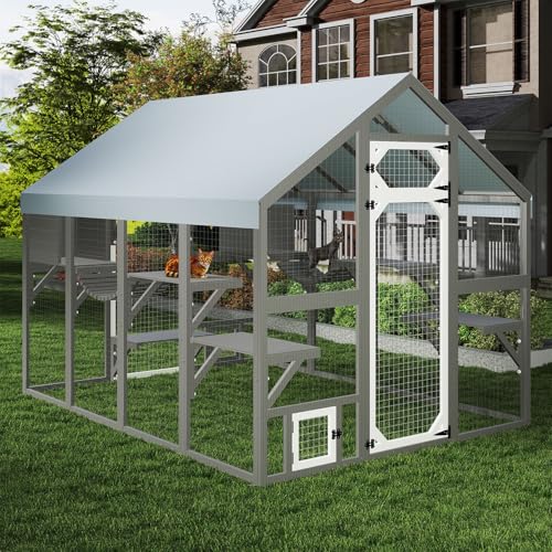 Ketive Extra Large Catio Outdoor Cat Enclosure for Multiple Cats, Wooden Walk-in Cat House with 2 Bridges, Window Connection, 2 Resting Boxes, 8 Platforms, Walks and Weatherproof Roof Cover