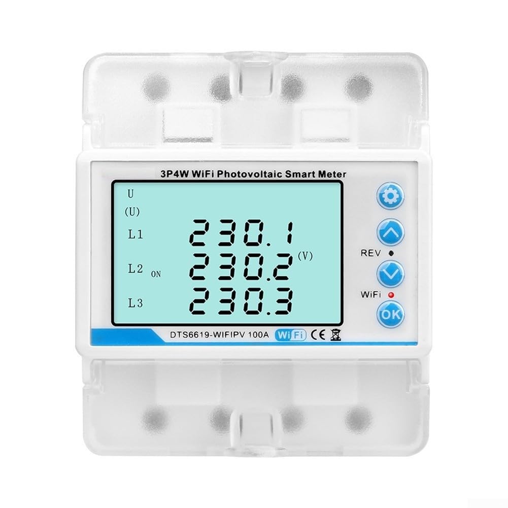 Medidor de energía WiFi trifásico con seguridad fotovoltaica, sobre/bajo voltaje y pérdida de fase, blanco 8.95x7.5cm