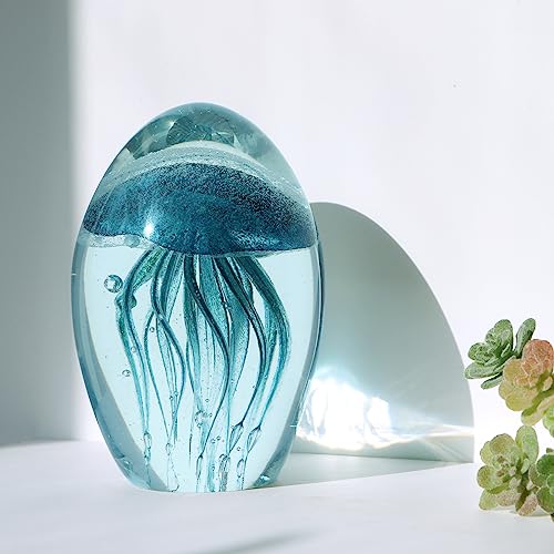 Sanbege Hand Blown Glass Jellyfish Figurine, Glow in The Dark Paperweight, Collectible Sea Creature Statue Decor for Home, Office, Party Decoration and Gift (Turquoise)