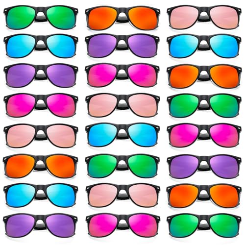 Geopty 24 Pack Neon Mirror Sunglasses Bulk, Retro Black Frame Colorful Cheap Sunglasses for Women Men Party Favor Supplies