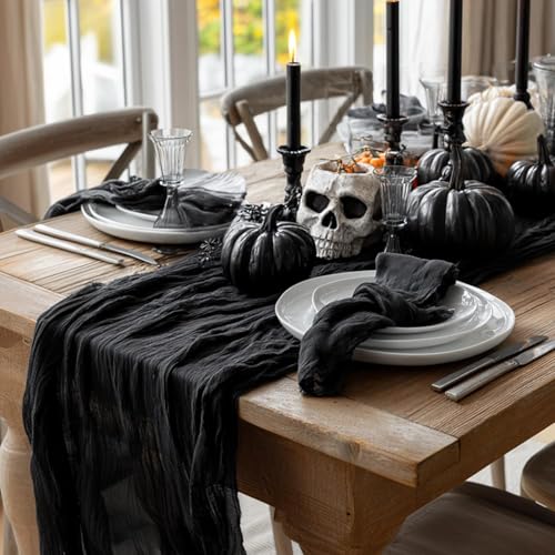 Artoid Mode Chemins de Table Gaze Mousseline Bohême Noir 300 cm, Décoration de Table de Cuisine Vacances Mariage Fête d'anniversaire