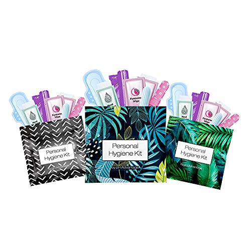 3 x Menstrual All-in-One Kits – Assorted Colors | Convenience on The Go | Single Period Kit Packs | Individually Wrapped Feminine Hygiene Products (Black Treads/Blue Forest/Green Ferns)