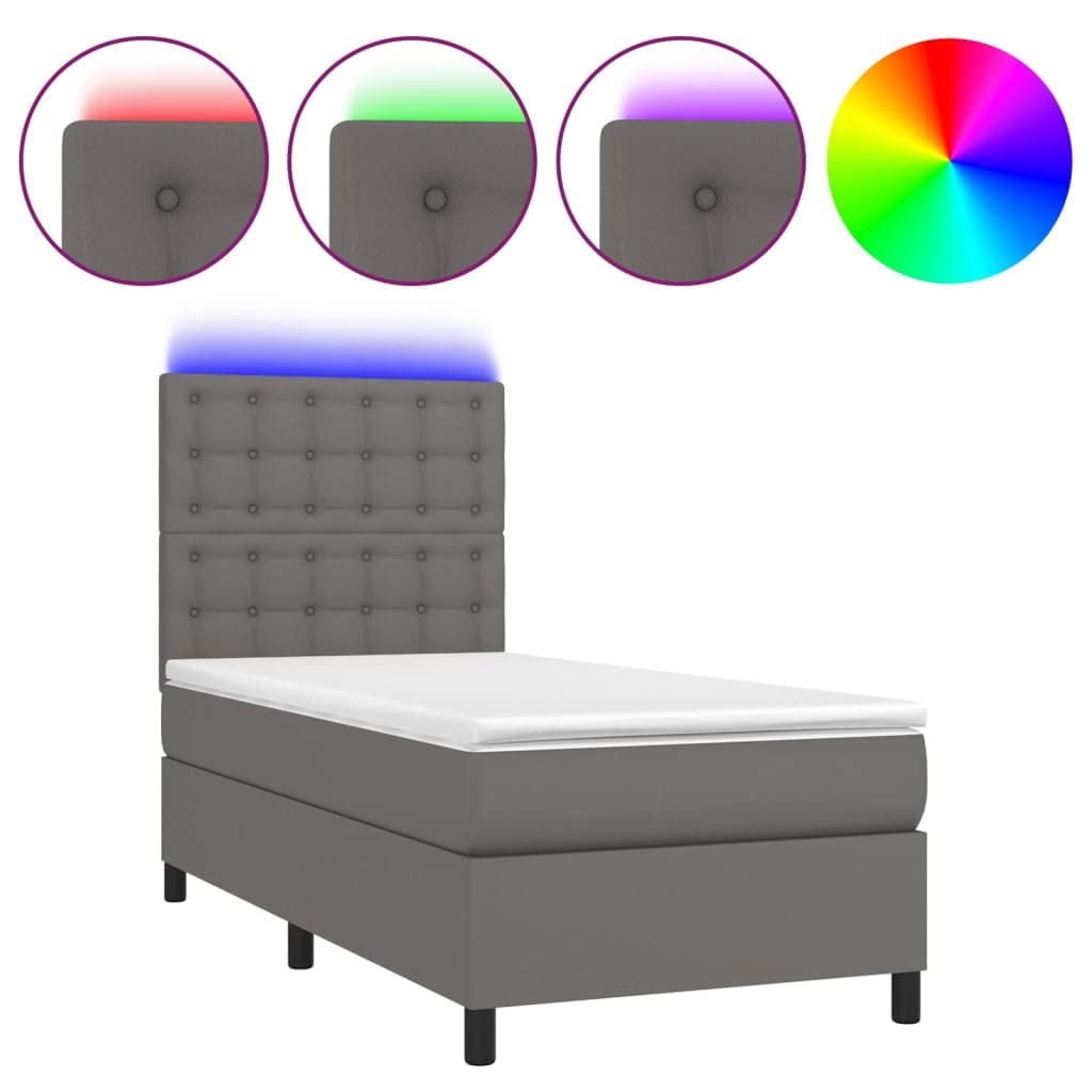 Kunstleder Boxspringbett mit LED Beleuchtung höhenverstellbares Kopfteil | Boxspringbett mit Matratze & LED Grau 100x200 cm Kunstleder mit Kopfteil verstellbar Taschenfederkernmatratze Topper USB