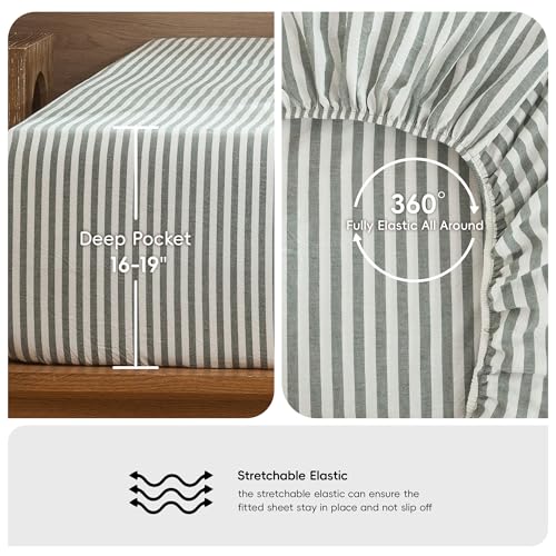 Image of MooMee Striped Sheet Set 100% Washed Cotton Linen Like Cal King