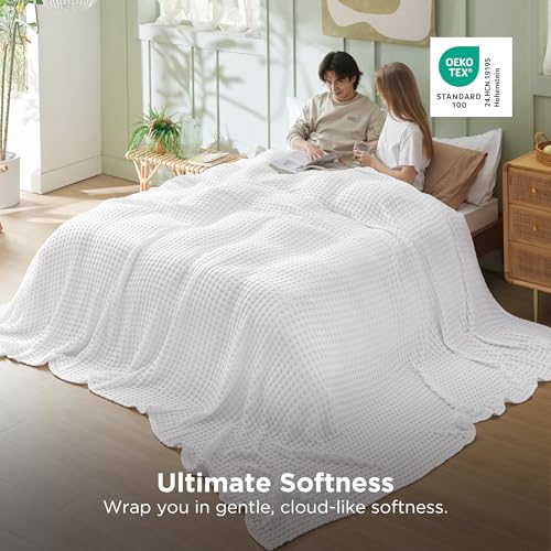 Image of Bedsure Cooling Cotton Waffle Oversized King Blanket - Lightweight Breathable Blankets Rayon Derived from Bamboo for Hot Sleepers, Luxury Throws for Bed and Sofa, White, 120x96 Inches