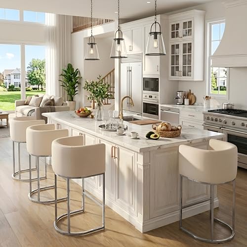 Image of HNY Modern Counter Height Linen Fabric Upholstered Counter Stools Set of 4, 29 Inch Cream Kitchen Island Stool with Chrome Finish Metal Frame