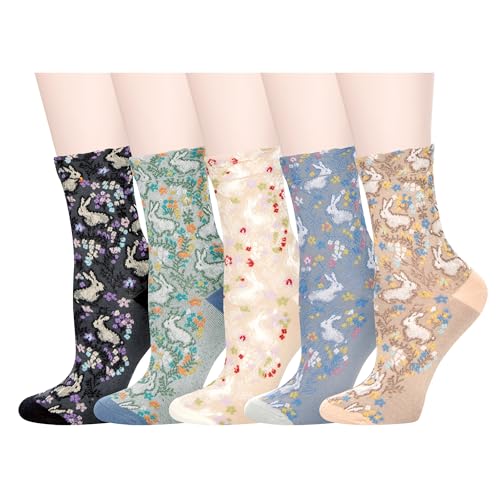 Benefeet Sox Cute Crew Socks for Women Girls Vintage Floral Socks Cute Rabbit Colorful Novelty Animal Patterned Casual Calf Sock Ladies Funky Design Cotton Athletic High Ankle Sock 5 Pairs