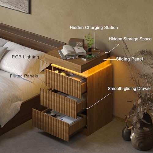 Image of Fluted Nightstand with Charging Station and LED Light, Bedside Table with Sliding Top, USB Ports and AC Outlets, 3 Drawer Storage Cabinet, Modern End Table for Bedroom, Walnut