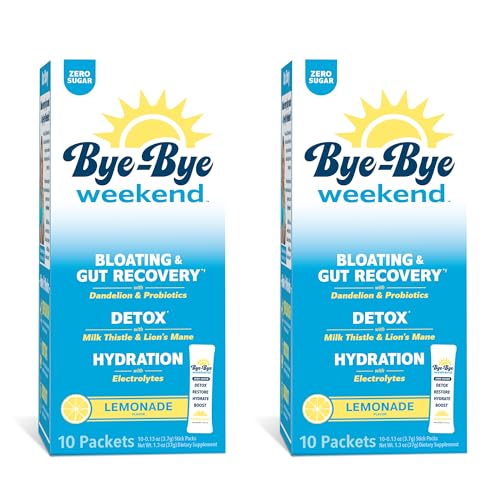 Bye-Bye Weekend Detox Drink Mix w/Electrolytes - for Bloating Recovery Fatigue Brain Fog - Probiotics Lions Mane Milk Thistle - Zero Sugar Lemonade - 20 Pack
