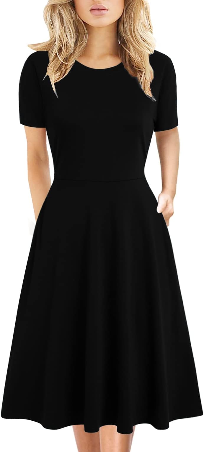 Women's Elegant Knee Length Dresses Vintage Summer Office Casual Floral Print Work Party A-Line Swing Dress with Pockets 162