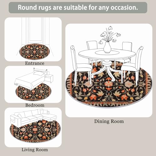 Tapis rond 200 cm orange marron lavable style bohème à fleurs