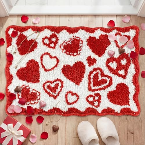 Dunzy Valentines Day Bathroom Rug Red Heart Love Scalloped Bath Mat Tufted Cute Valentines Shower Rug Non Slip Washable Door Mat for Home Bathroom Living Room Bedroom Kitchen Decor 16 x 24 Inch