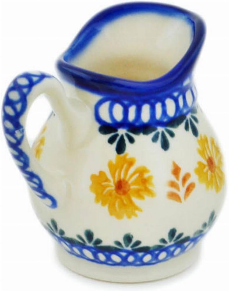 Polmedia Polish Pottery Creamer - Golden Flower Garden Pattern Handmade in Boleslawiec Poland by Ceramika Bona + Certificate of Authenticity