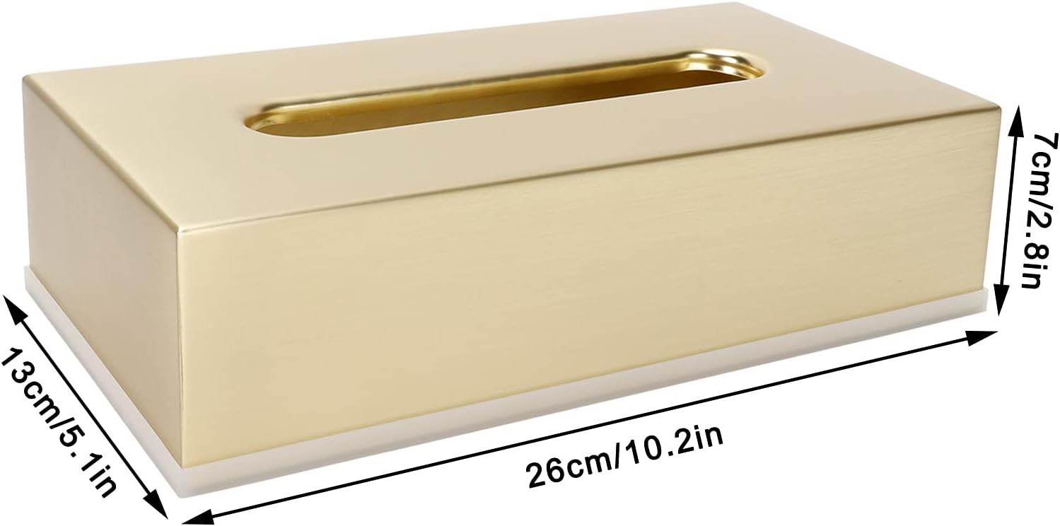 Tissue Box Cover, Rectangular Tissue Box Holder Stainless Steel Facial Tissues Boxes 10.2x5.1x2.8in Gold Tissues Box for Kitchen Bathroom Living Room