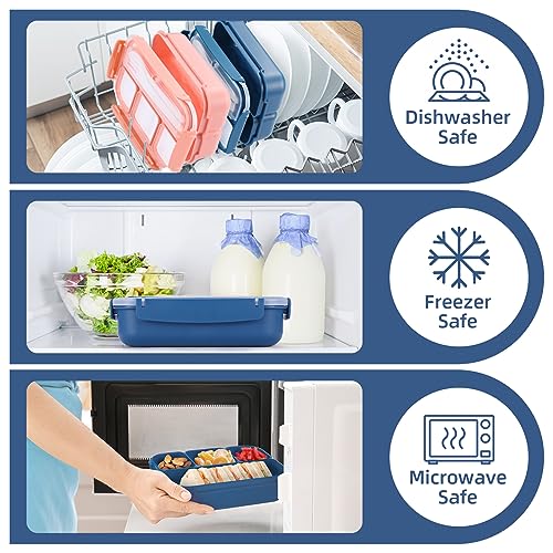 Image of QQKO Bento Box Adult Lunch Box, Lunch Containers for Adults Men Women, Kids Lunch Boxes for School with 4 Compartments, Sauce Container, Utensils and Muffin Cups, Navy