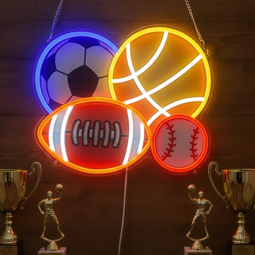 4 Ball Sport Neon Sign, Soccer Basketball Baseball Football Neon LED Light Wall Decor with Printed Design, Sports Themed for Boy's Bedroom Playroom Man Cave Home College Club Birthday Party Decor