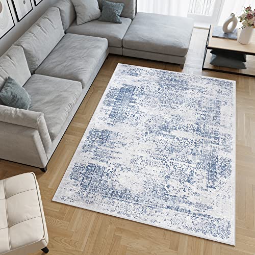 TAPISO Dywan Strefa Nieba Abstrakcyjny Wielokolorowy Nakrapiany Vintage Niewyraźne Niebiesko-Szara Rama, Nowoczesny Salon Sypialnia Przedszkole Trwały Dywan OEKO-TEX Rozmiar - 300 x 400 cm