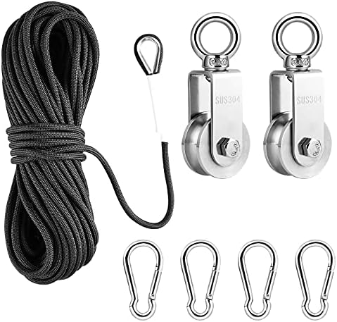 TooTaci Pulley Set,Stainless Steel Pulley System with Rope and Hook,Pulley Block Set with 2pcs 34MM U Type Swivel Pulley Wheel,20M/6mm Nylon Rope,4pcs Snap Hook,for Washing Line,Fitness Pulley Systems