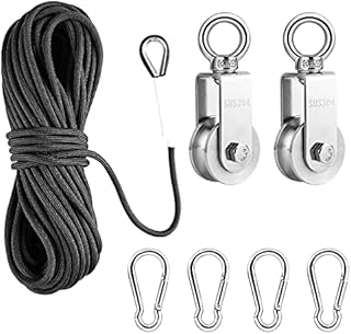 TooTaci Pulley Set,Stainless Steel Pulley System with Rope and Hook,Pulley Block Set with 2pcs 34MM U Type Swivel Pulley Wheel,20M/6mm Nylon Rope,4pcs Snap Hook,for Washing Line,Fitness Pulley Systems