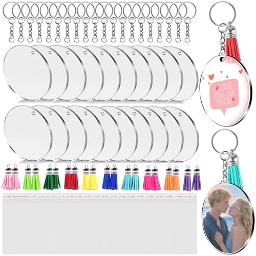MUFEKUM 2 Acrylic Keychain Blanks Set Clear Circle Acrylic Keyring Blanks Bulk with Key Chain Rings Packing Bag Jump Rings Tassels for Vinyl DIY Keychain Earring and Craft Project