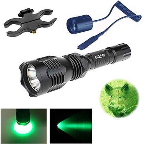 WindFire WF-802 Waterproof 350 Lumens Tactical Flashlight 250 Yard Long Range Green LED Coyote Hog Hunting Light Lamp Torch with Remote Pressure Switch, Scope Mount, Rechargeable Battery and Charger Cover