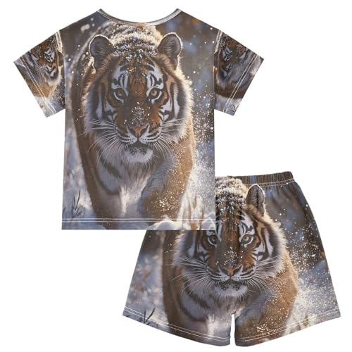 ALAZA Tiger Winter Snowflake Pajamas Set Short Sleeve Cotton Sleepwear Summer Pjs 2 Piece 5-14Y2