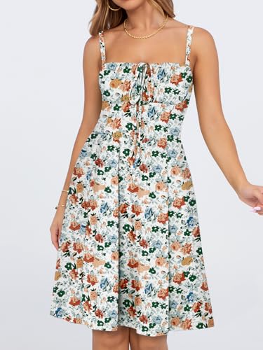 Image of YATHON Summer Mini Corset Sun Dress for Women Short Casual Square Neck Lace Up Floral Beach Vacation Dresses with Pockets