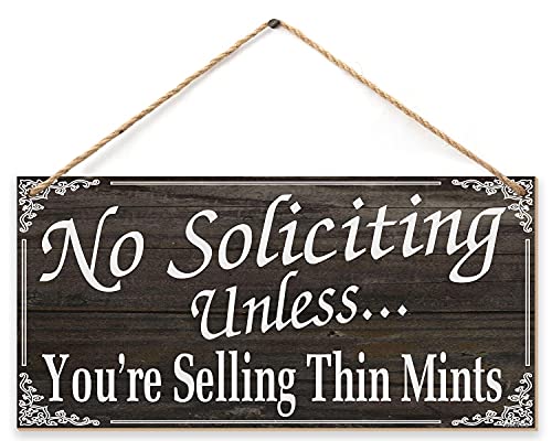 Jacevoo Funny Sign No Soliciting Unless You re Selling Thin Mints Retro Wood Sign Patio Garden Home Door Wall Decor Outdoor Novelty Sign 6x12 Inch