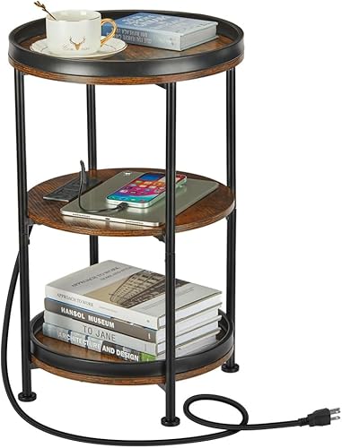 Dulcii Mesa auxiliar redonda con estación de carga, mesa auxiliar con 3 estantes para sala de estar, mesita de noche de dormitorio para espacios