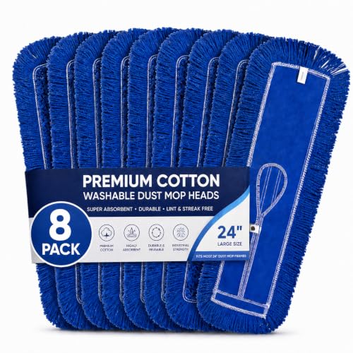 Image of iDeaology - 24-Inch Washable Dust Mop Heads - Full Cloth, Extra Durable, Easy Button - No Clinging to Hair or Fur, Easy to Use Replacement for Commercial and Home Cleaning (8 Pack)