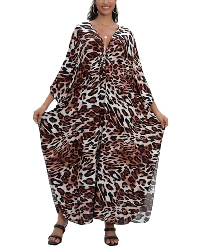 Image of IMAGEKOPE Women's Plus Size Animal Print V-Neck Batwing Kaftan Beach Dress Bathing Suit Cover-Up Loungewear
