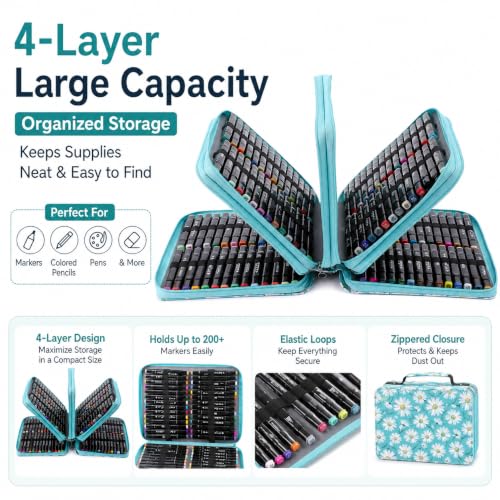 Image of 224-Slot Marker Organizer Bag, 4-Layer Case with Strap | 224-slot 4-layer marker bag in twill Oxford fabric with handle, detachable strap, smooth zipper for studio and outdoor use.