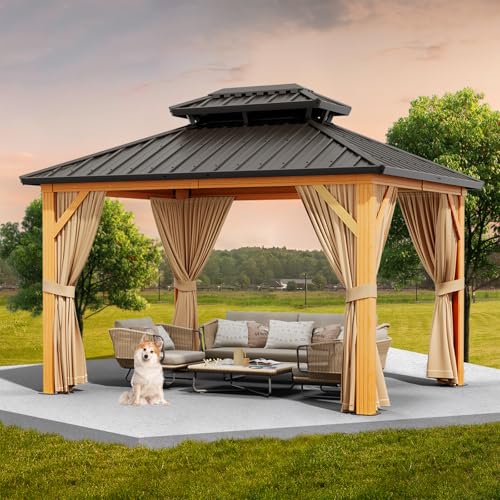 10x12ft Double Roof Hardtop Gazebo, Heavy Duty Galvanised Steel Hardtop Pavilion with Netting and Curtains, Faux Wood Grain Metal Gazebo for Patio, Terrace, Lawn and Deck, Wood Grain