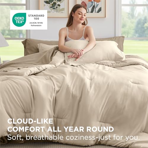 Image of Bedsure Queen Comforter Set - 7 Pieces Light Beige Queen Bedding Set for All Seasons, Boho Contrasting Design Bed in a Bag with Comforter, Sheets, Pillowcases & Shams