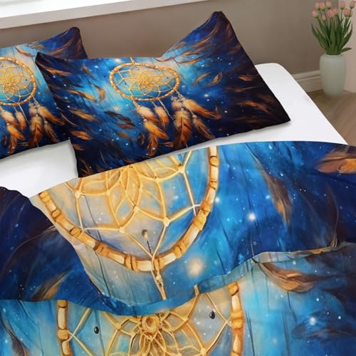 Housse de couette 200x200 bohème jaune et bleu en microfibre avec plumes