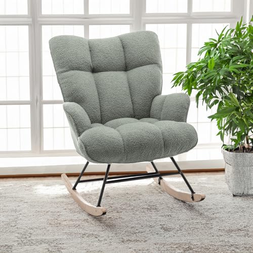 Image of SAETSFEG Nursery Rocking Chair, Upholstered Glider Rocker with High Backrest, Comfortable Stylish Accent Armchair with Padded Seat, Green
