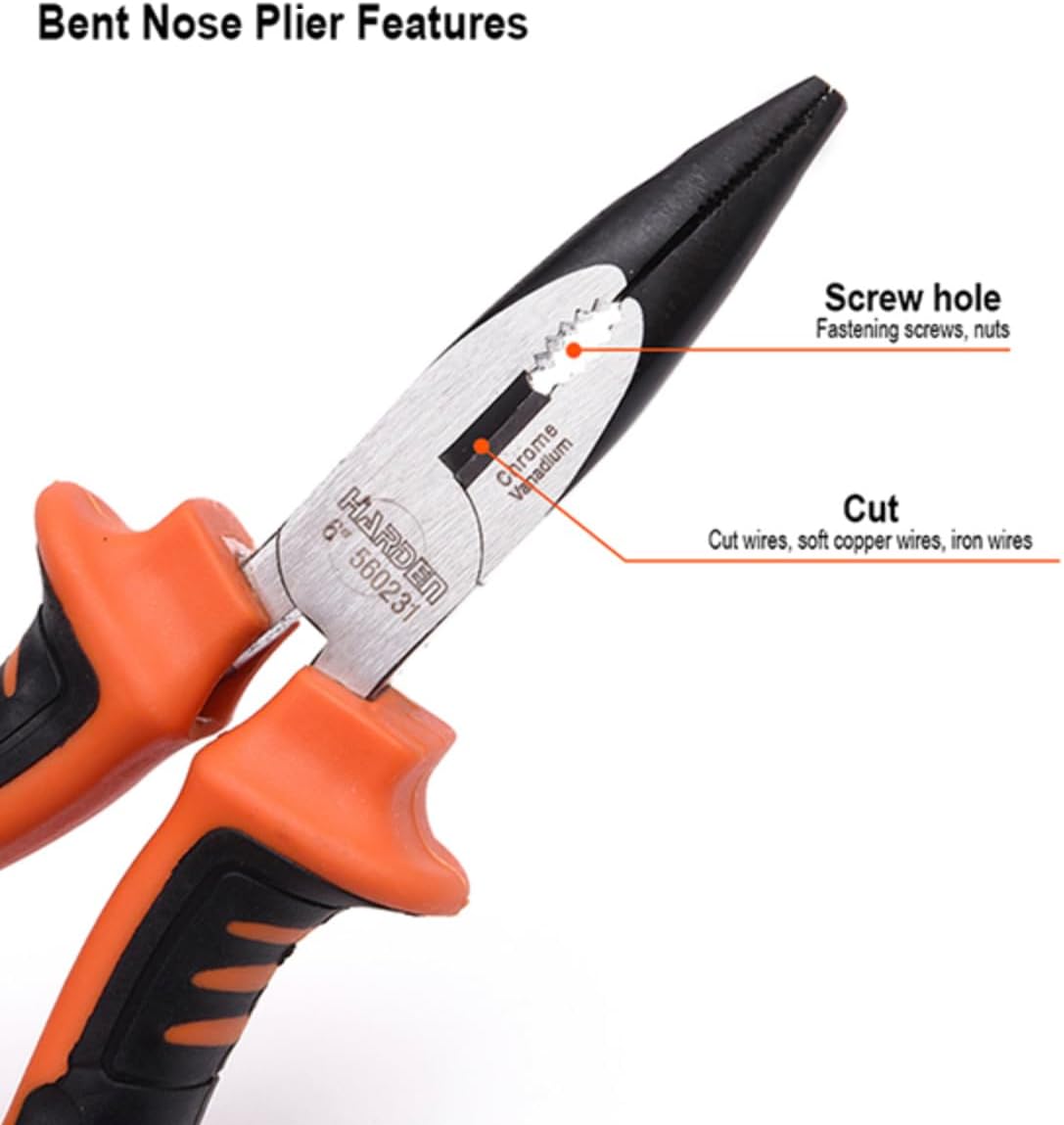 Edward Tools Pro Bent Nose Pliers 6” - Ergonomic Handle - Heavy duty CR-V Steel with Anti-rust finish - Wire Cutter and Screw Tightener