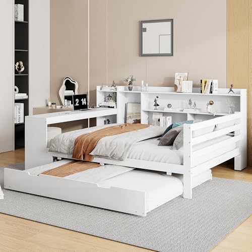 Goeria Sofá cama de madera maciza, 140 × 200 cm, con escritorio, estanterías y estantes, con enchufes, cama doble de madera multifuncional, cama extensible debajo de la cama (blanco)