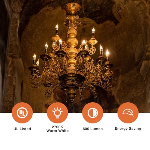 TJOY LED Candelabra Bulb Dimmable, 60W Equivalent LED Chandelier Light Bulbs, 5.5W 2700K Warm White 600LM CA11 Flame Tip Vintage LED Filament Candle Bulb with Decorative E12 Candelabra Base, 12 Pack - Thumbnail 5