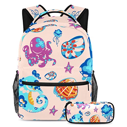 Sac à dos motif océan tropical avec trousse école pour voyage fille garçon B