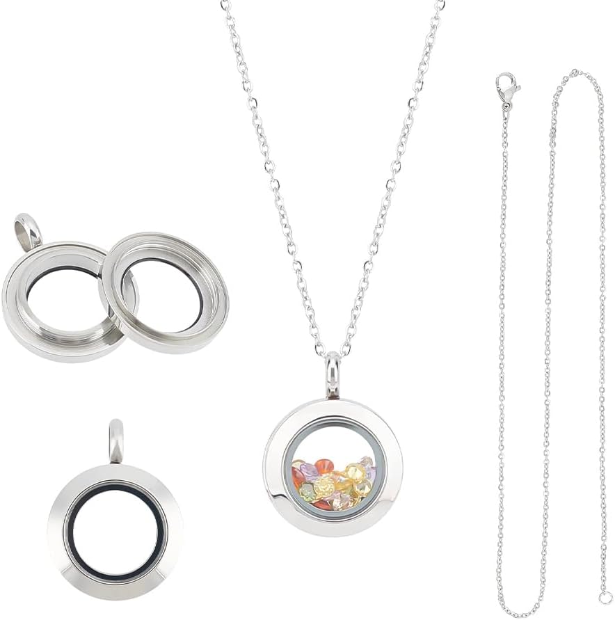 Memory Locket Pendants Glass Photo Charms Round Floating Lockets Charms 304 Stainless Steel Pendants Picture Frame Bouquet Charms for Necklace Jewelry Making