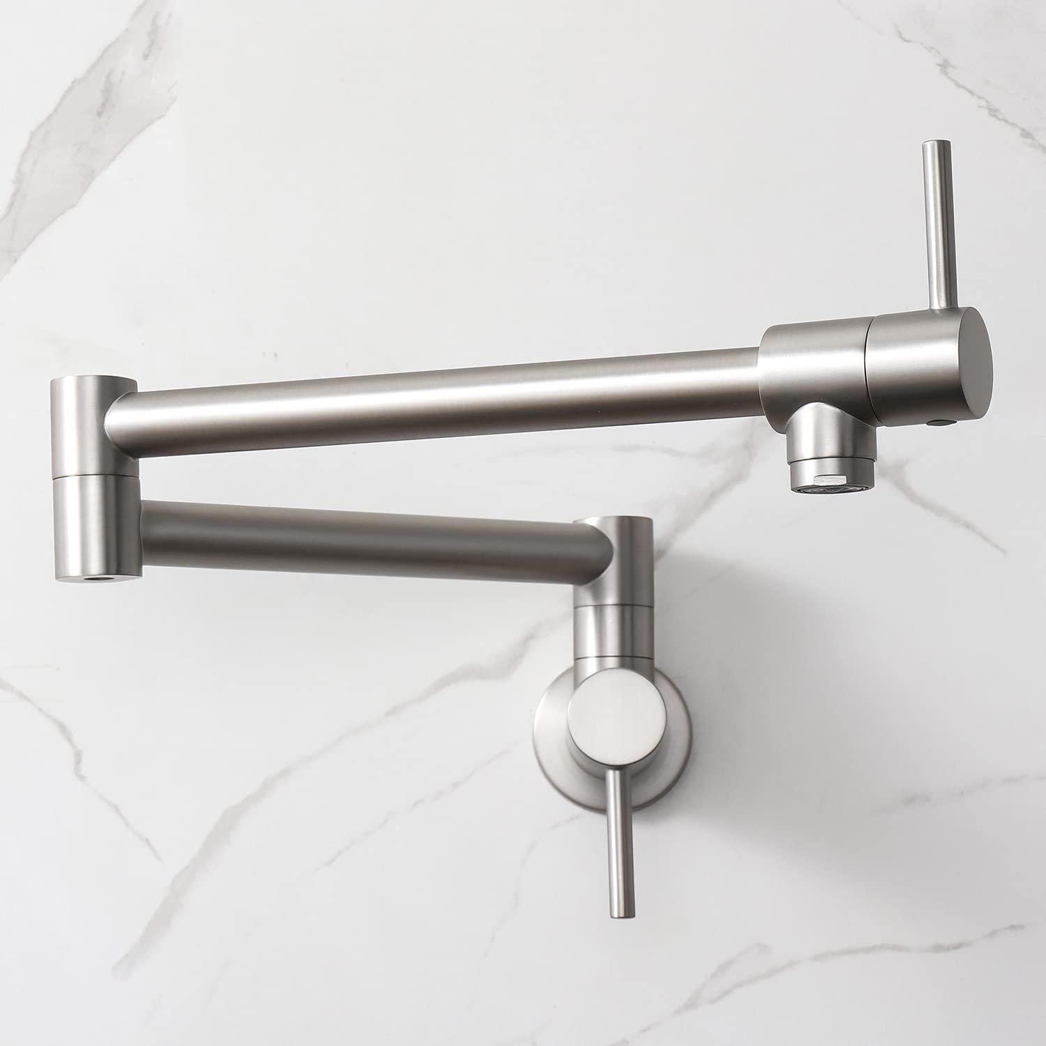 Haiyunda Brushed Nickel Kitchen Pot Filler Faucets Wall Mount Commercial Double Joint Swing Arm Kitchen Sink Faucet Folding Stretchable With Single Hole Two Handles (Brushed Nickel)