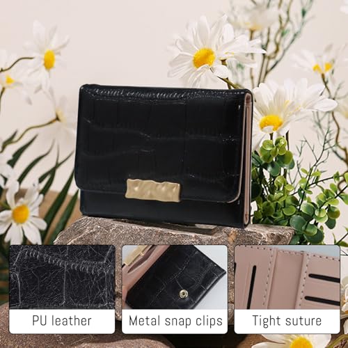 Small Womens Wallet, Texture PU Leather Womens Slim Wallet Multi-Slot Credit Card Holder for Women with Delicate Snap Ladies Wallets for Traveling Shopping (Black)3