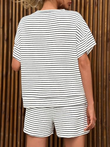 Image of Tankaneo Womens Pajama Sets Striped 2 Piece Lounge Sets Short Sleeve Oversized T Shirts Drawstring Shorts Matching Set
